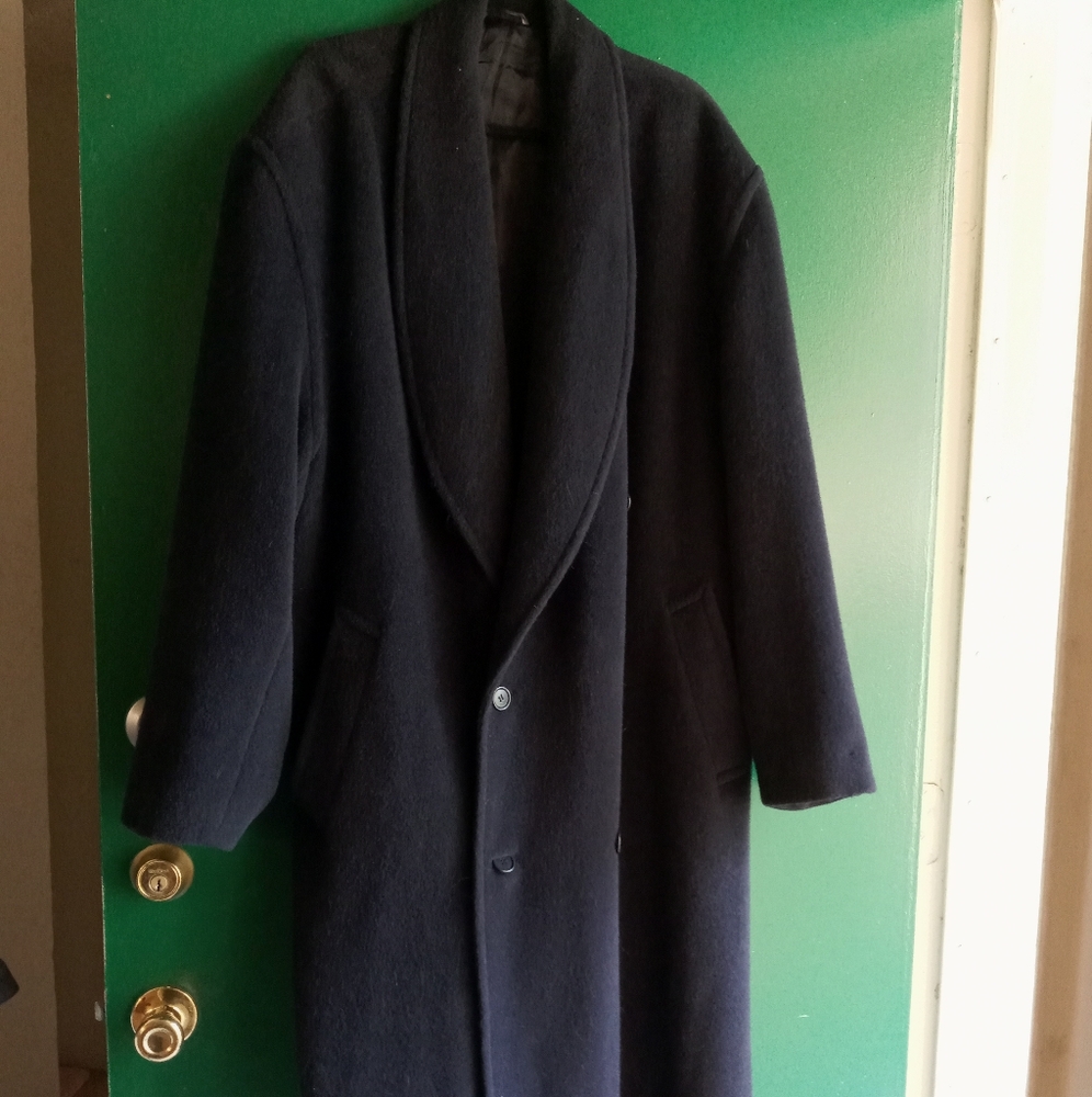 Mens Dark Blue Wool Maxi Coat- by Beau Drummell
